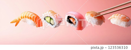 Sushi pieces floating mid air with chopsticks reaching for a vibrant piece 123536310