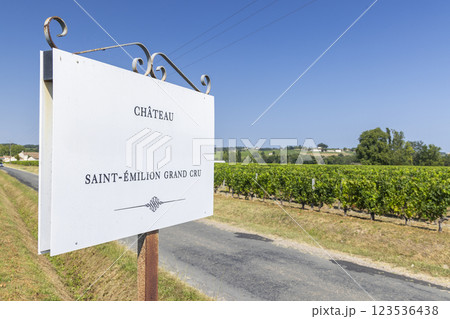Typical vineyards with information board Grand Cru Classe near Saint-Emilion, Bordeaux, Aquitaine, France 123536438
