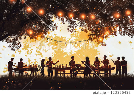 Silhouettes young people, outdoors bbq party 123536452