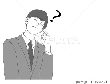 疑問に思うビジネスマン男性のイラストとクエスチョンマーク 上半身正面 疑問に思うビジネスマン男性のイラストとクエスチョンマーク 上半身正面 123536471