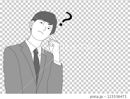 Illustration of a wondering businessman with question marks, upper body front 123536471