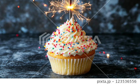 Happy birthday party celebration congratulation greeting card banner long Cup cake with sparkling sparkler 123536556