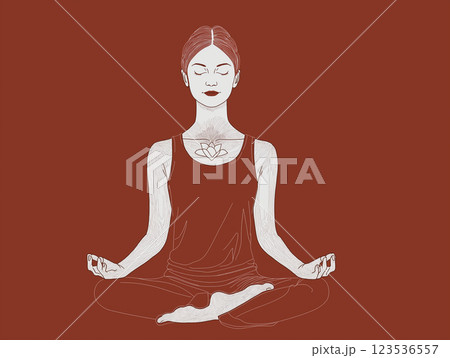 Woman meditating in a serene posture with a lotus flower tattoo on her chest against a warm background. Generative AI 123536557