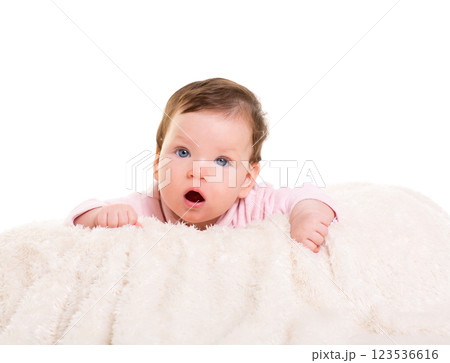 baby girl open mouth funny gesture in pink 123536616