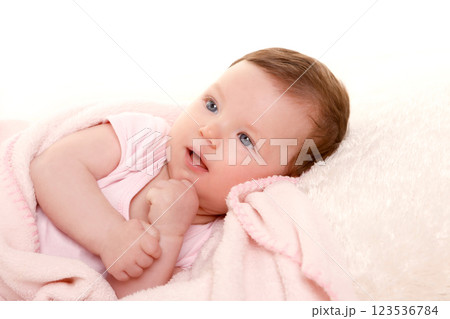 baby girl smiling dress in pink with white fur baby girl smiling dress in pink with white fur 123536784