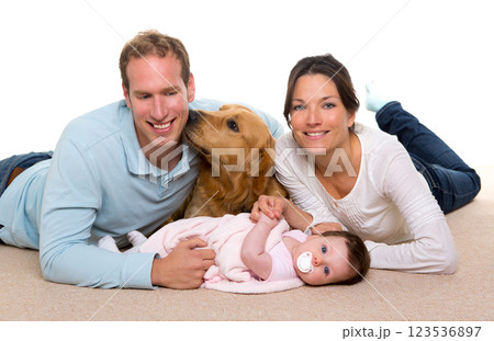Baby mother and father happy family and dog 123536897