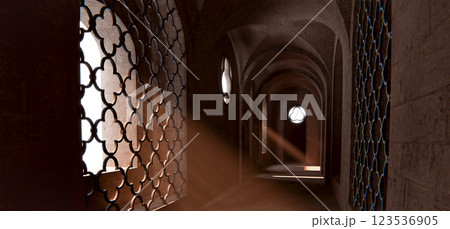 Medieval Tunnel Background with Sunlight and Atmospheric Shadows, 3D Render 123536905
