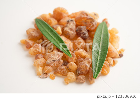 Frankincense or olibanum aromatic resin isolated on white background used in incense and perfumes. 123536910