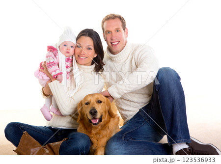 Baby girl mother and father family happy in winter and dog 123536933