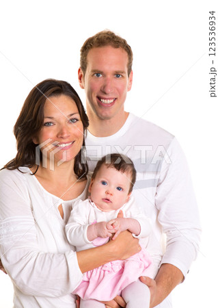 Baby girl mother and father family happy on white 123536934