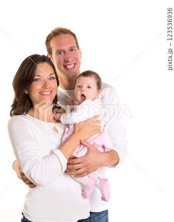 Baby girl mother and father family happy on white Baby girl mother and father family happy on white 123536936