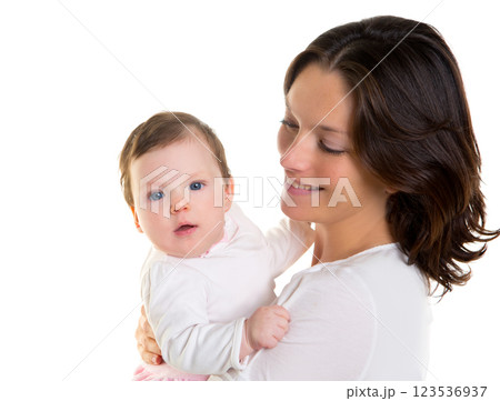 Baby girl hug in mother arms on white 123536937