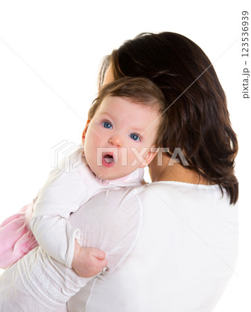 Baby girl hug in mother arms on white 123536939