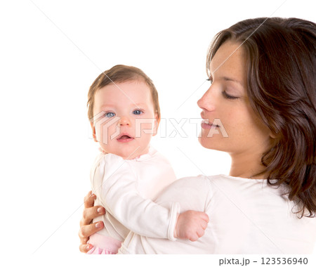 Baby girl hug in mother arms on white Baby girl hug in mother arms on white 123536940