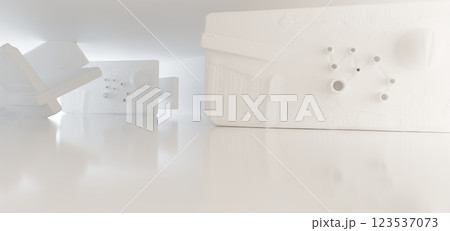 Luxury white abstract architectural minimalistic background. Contemporary showroom. Modern  exhibition stand. Empty gallery. Backlight. Polygonal Graphic Design. 3D illustration and rendering. 123537073