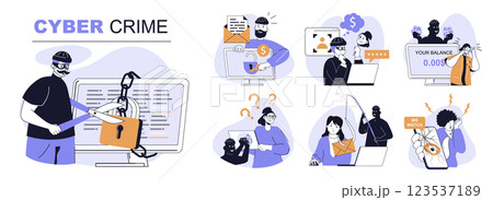 Cyber crime concept set in flat web design. People in isolated scenes suffering from stealing data and hacking credit cards, phishing passwords, hackers attack and spy online. Vector illustrations. 123537189
