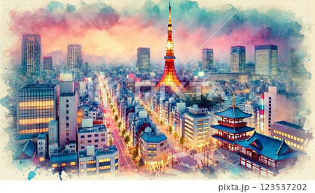 水彩風の東京タワーと街並み / Watercolor Tokyo Tower Cityscape 123537202