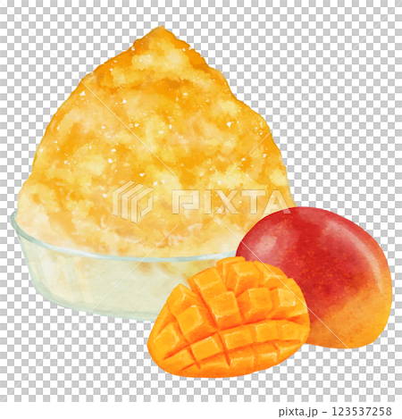 A bowl of fluffy shaved ice with mango syrup, one mango and one chopped mango 123537258