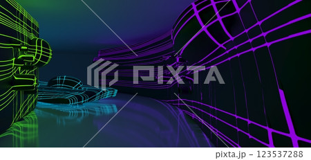 Abstract architectural minimalistic background. Laser show in the ultraviolet spectrum. Modern impulse tunnel. Futuristic space sci-fi frame neon backlight. 3D illustration and rendering. Abstract architectural minimalistic background. Laser show in the ultraviolet spectrum. Modern impulse tunnel. Futuristic space sci-fi frame neon backlight. 3D illustration and rendering. 123537288
