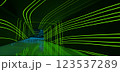 Abstract architectural minimalistic background. Laser show in the ultraviolet spectrum. Modern  impulse tunnel. Futuristic space sci-fi frame neon backlight. 3D illustration and rendering. 123537289