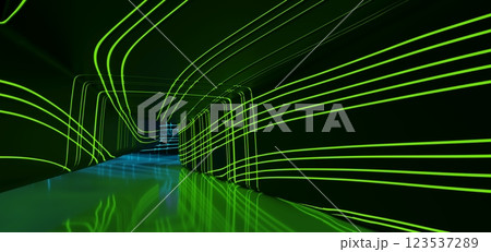 Abstract architectural minimalistic background. Laser show in the ultraviolet spectrum. Modern impulse tunnel. Futuristic space sci-fi frame neon backlight. 3D illustration and rendering. Abstract architectural minimalistic background. Laser show in the ultraviolet spectrum. Modern impulse tunnel. Futuristic space sci-fi frame neon backlight. 3D illustration and rendering. 123537289