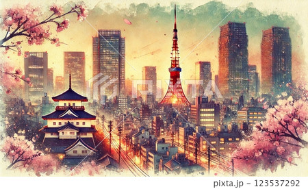 東京タワーと桜が彩る街 / Tokyo Tower and Sakura in the City 123537292