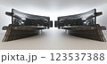 Luxury parametric abstract architectural minimalistic background. Contemporary showroom. Modern black exhibition tunnel. Empty gallery. Stand, table. Interior backlight. 3D illustration and rendering. 123537388