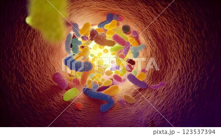 カラフルで多様な腸内細菌たちが腸内を浮遊しているイメージの腸内フローラの3Dイラスト 123537394