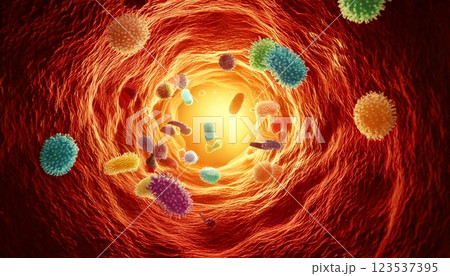 カラフルで多様な腸内細菌たちが腸内を浮遊しているイメージの腸内フローラの3Dイラスト 123537395