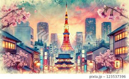 東京タワーと和の街並み / Tokyo Tower and Traditional Streets 123537396