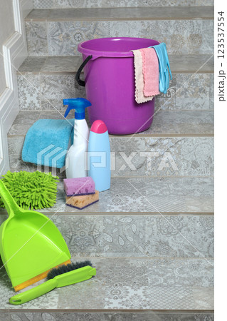Household cleaning products and items for cleaning tile in house. Cleaning and cleanliness. 123537554