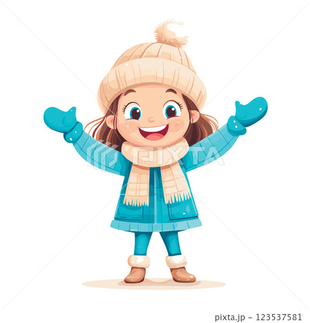 happy little girl with raised arms in winter clothes isolated vector illustration 123537581