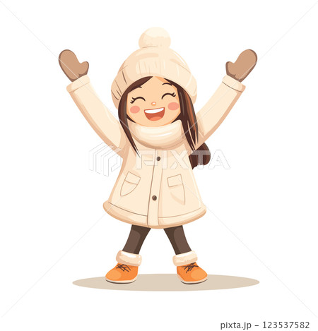 happy little girl with raised arms in winter clothes isolated vector illustration 123537582