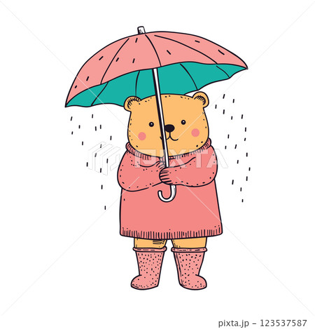 cute little bear in rubber boots with umbrella isolated vector illustration 123537587