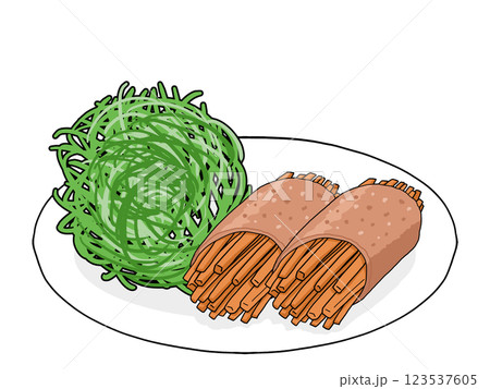 お皿にのったニンジンの豚肉巻きのイラスト お皿にのったニンジンの豚肉巻きのイラスト 123537605