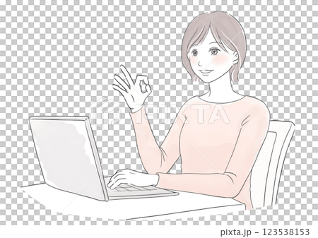 Watercolor illustration of a woman smiling and saying OK at a computer while working remotely 123538153