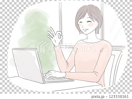 Watercolor illustration of a woman smiling and saying OK at a computer while working from home Watercolor illustration of a woman smiling and saying OK at a computer while working from home 123538161