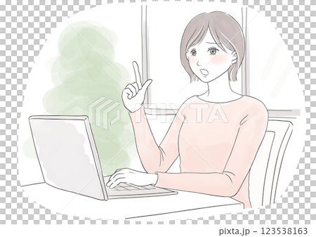 Watercolor illustration of a woman talking in distress at a computer while working from home 123538163