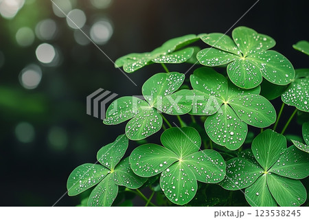 close-up of vibrant green clover leaves covered in sparkling dew drops 123538245