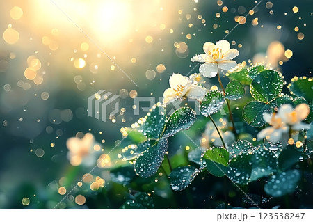 stunning close-up of delicate white flowers glistening with dew drops. 123538247