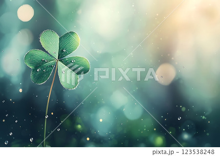 serene image of a clover leaf with glistening dewdrops, set against a soft bokeh background.  123538248