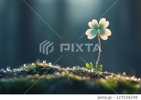 serene macro shot of a four-leaf clover with morning dew, bathed in soft sunlight.  123538249