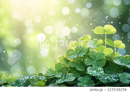 vibrant green clover leaves glistening with dewdrops.  123538256