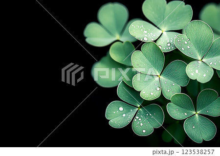 close-up macro shot of lush green clover leaves adorned with sparkling dewdrops.  123538257