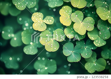 close-up of vibrant green clover leaves covered in glistening dewdrops. 123538258