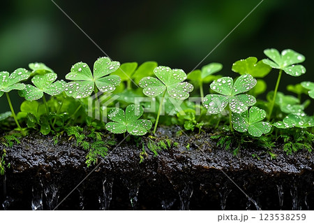 close-up of vibrant green clover leaves with dew drops,  123538259