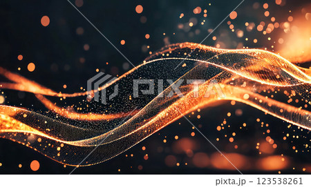 Glowing golden light waves and sparkling particles swirl against a dark background, creating a dynamic and futuristic abstract composition. 123538261