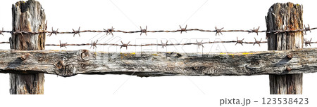 軍事用の有刺鉄線フェンスのクローズアップ 123538423