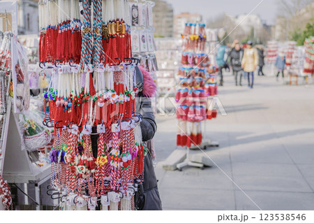 Martenitsa stand at outdoor market. Spring decoration, amulet of wool or threads, which is tied on the first day of March. Symbol of health, happiness, protection from evil eye, damage, evil spirits 123538546