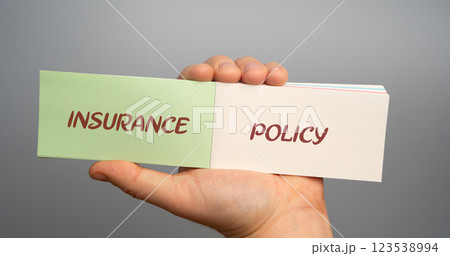 Insurance policy concept. Contract between an insurer and a policyholder that outlines the terms, coverage, premiums, and conditions under which the insurer will provide financial protection. Notes 123538994